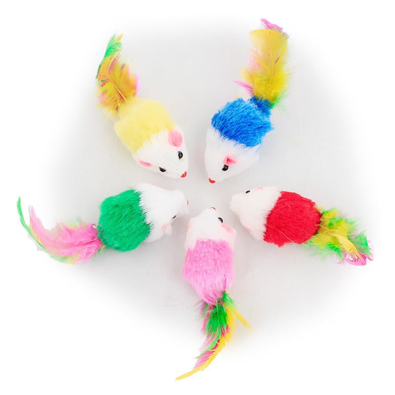For Pet Soft False Wool Mouse Cat Toy With Colorful Feather 3 Pcs - 5 Cm (Mixed Color)