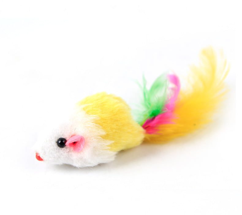 For Pet Soft False Wool Mouse Cat Toy With Colorful Feather 3 Pcs - 5 Cm (Mixed Color)