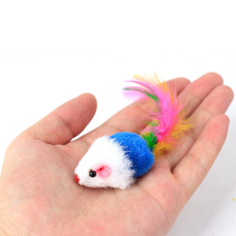 For Pet Soft False Wool Mouse Cat Toy With Colorful Feather 3 Pcs - 5 Cm (Mixed Color)