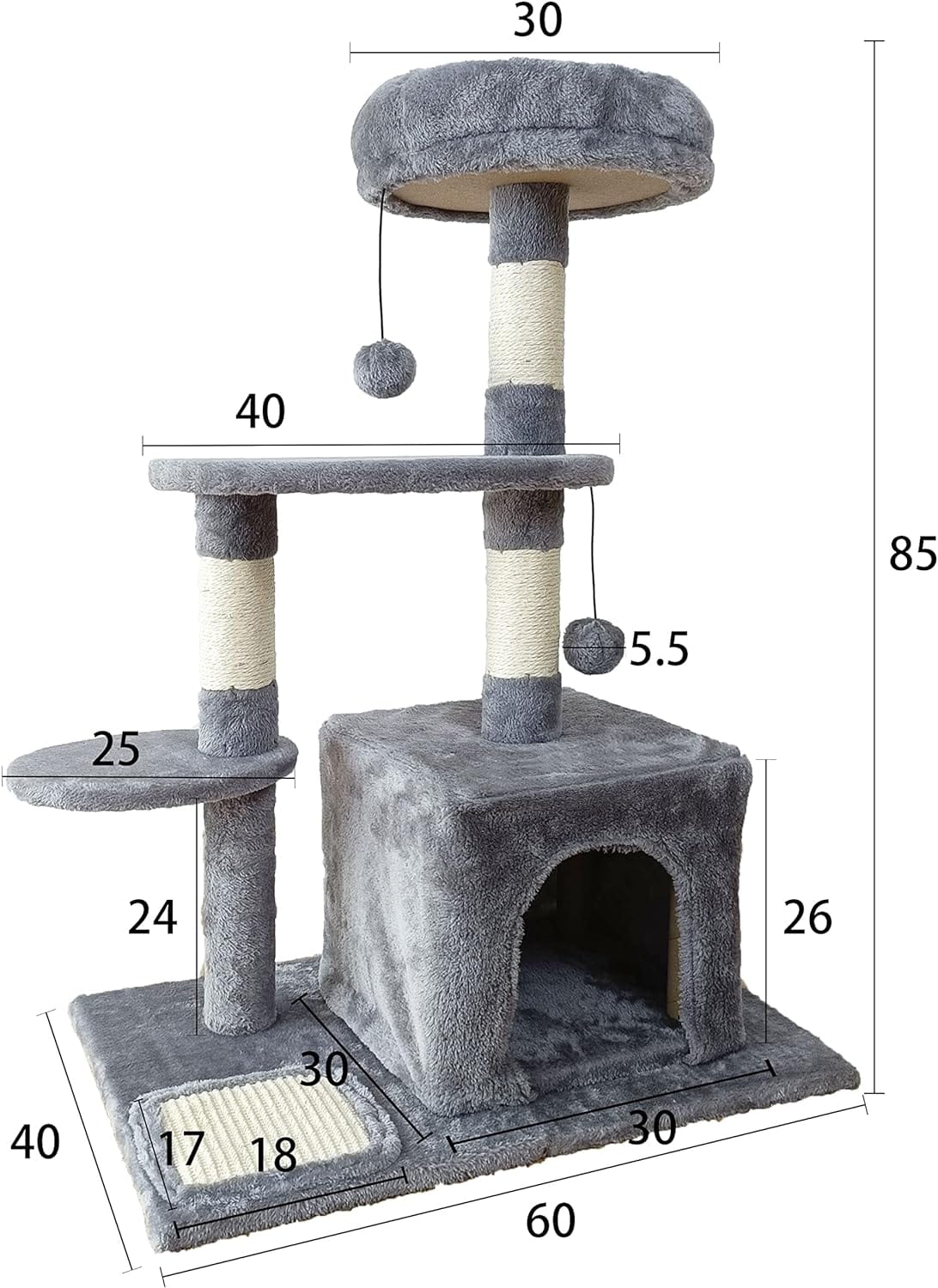 Cat Tree Tower 3 Layer With Sisal Scratching Post 60*40*85cm-Grey