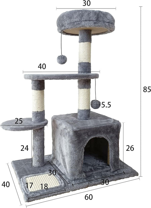 Cat Tree Tower 3 Layer With Sisal Scratching Post 60*40*85cm-Grey