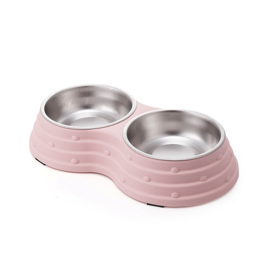 Double Dining Pet Feedrer With Stainless Steel Bowl & Non Slip Rubber Bottom-Pink-33.5*18*6Cm