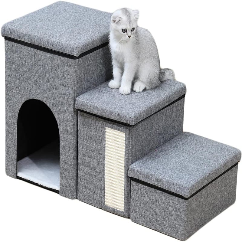 3 Step Foldable Pet House With Stair,Scratcher &amp; Storage