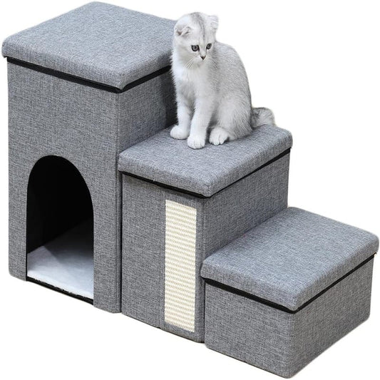 3 Step Foldable Pet House With Stair,Scratcher &amp; Storage