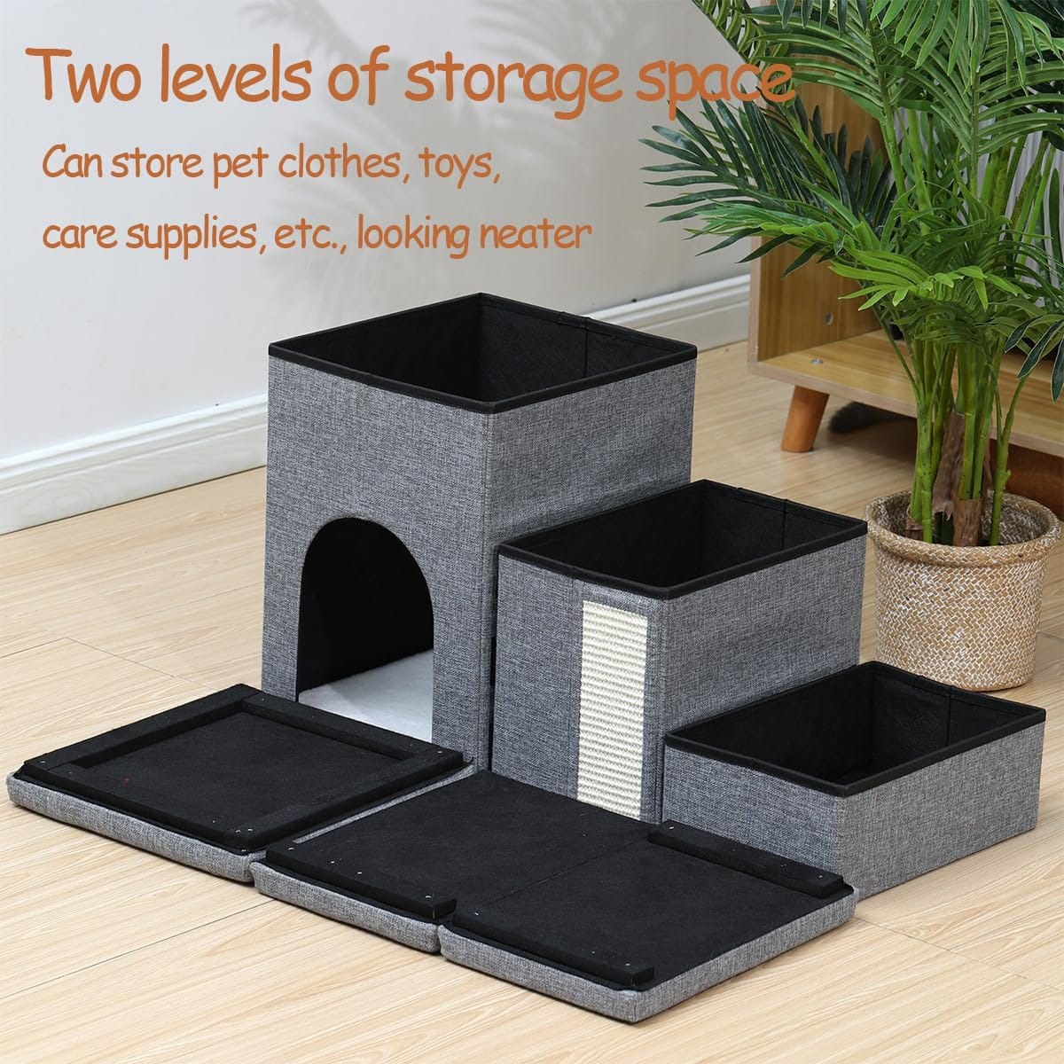 3 Step Foldable Pet House With Stair,Scratcher &amp; Storage