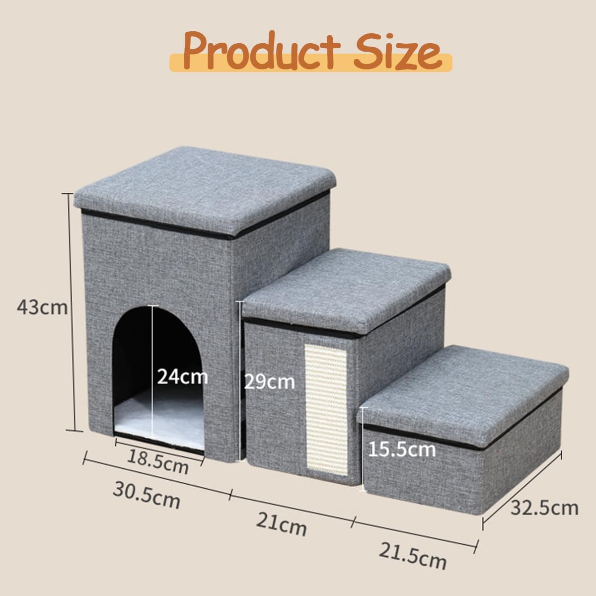 3 Step Foldable Pet House With Stair,Scratcher &amp; Storage