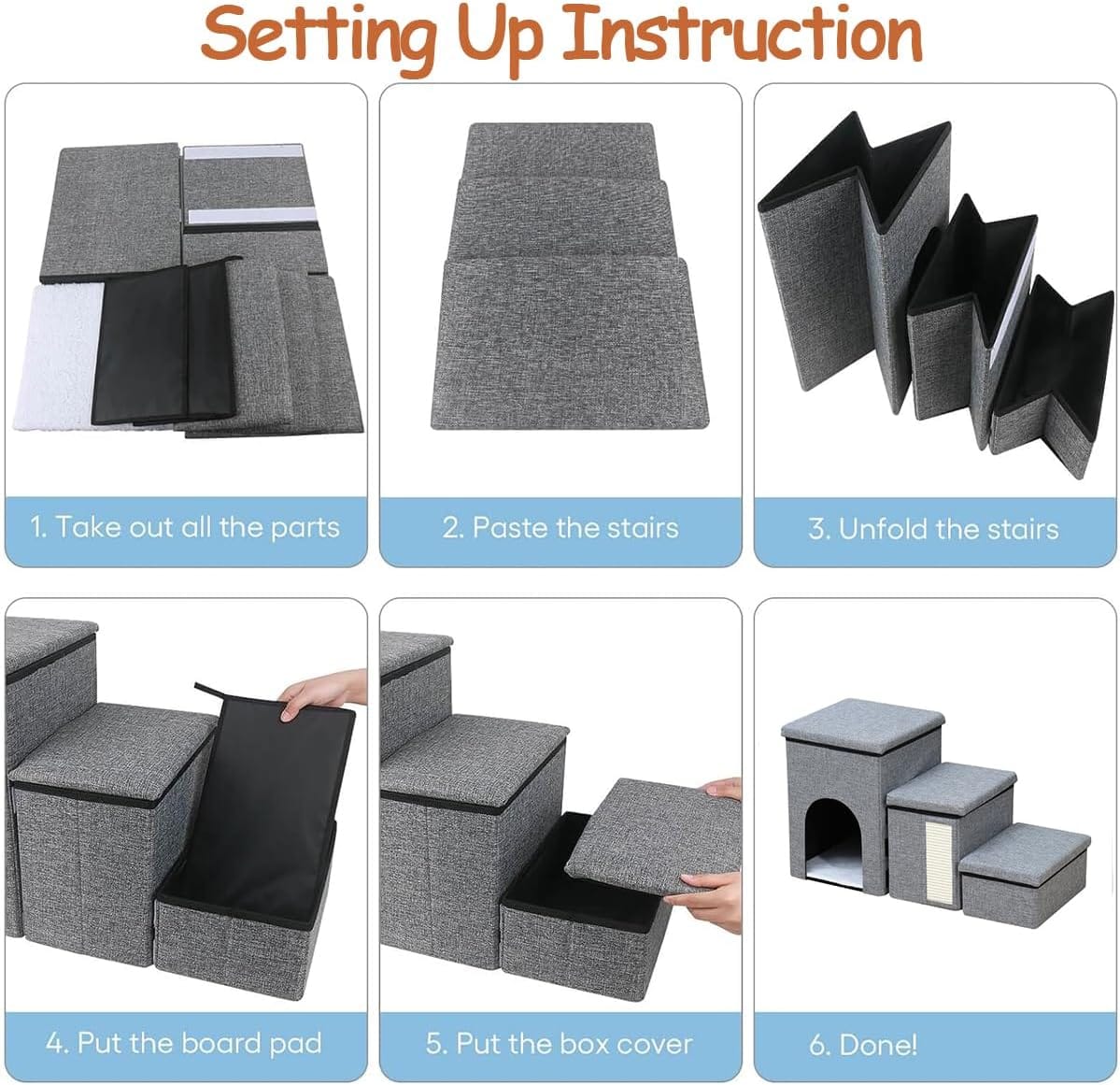 3 Step Foldable Pet House With Stair,Scratcher &amp; Storage