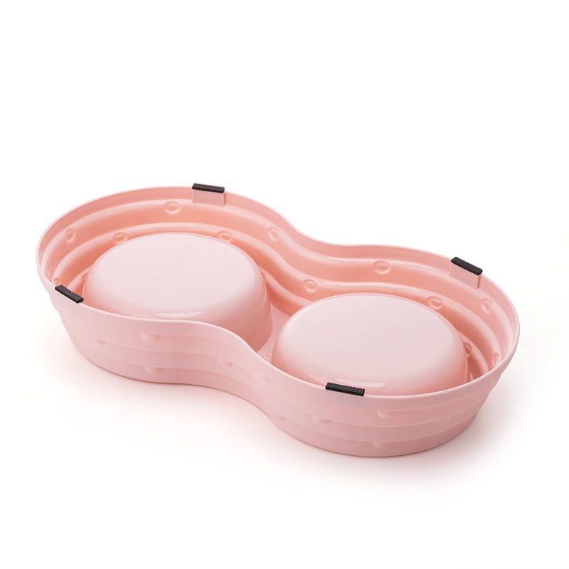 Double Dining Pet Feedrer With Stainless Steel Bowl & Non Slip Rubber Bottom-Pink-33.5*18*6Cm