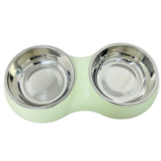 Double Dining Pet Feedrer With Stainless Steel Bowl & Non Slip Rubber Bottom -Green 33*17.6*5Cm