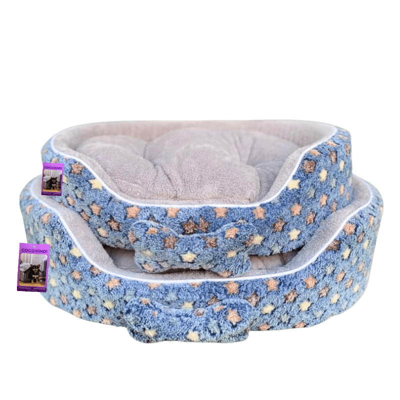 Coco Kindi Navy Star Printed Blue Washable Oval Shape Fur Bed - Size #3