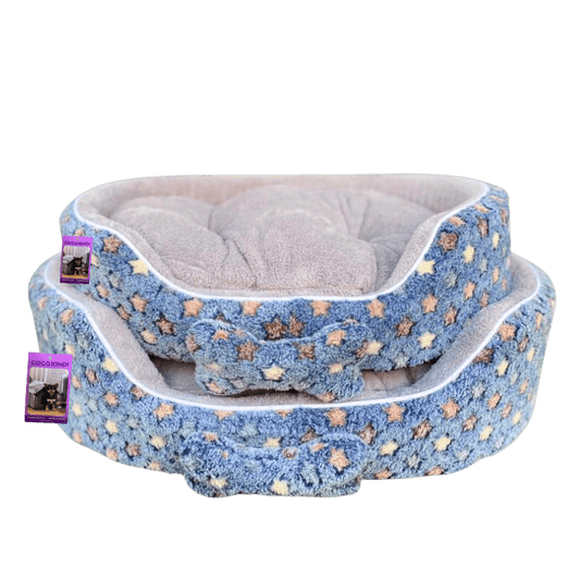 Coco Kindi Navy Star Printed Blue Washable Oval Shape Fur Bed - Size #3